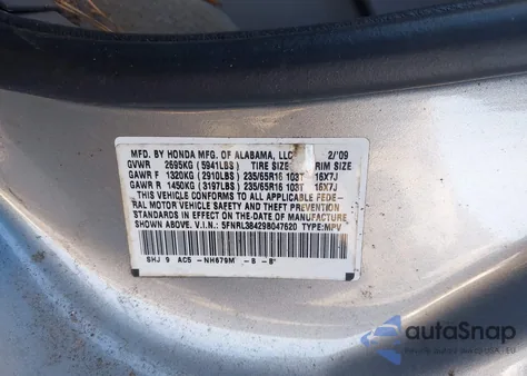 2009 Honda Odyssey Ex from USA, damaged, VIN 5FNRL38429B047620